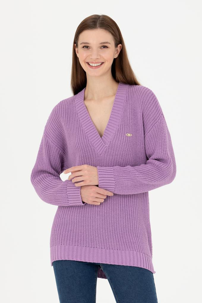 Kadın Lila V Yaka Kazak
