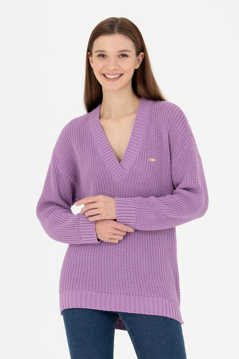 Kadın Lila V Yaka Kazak