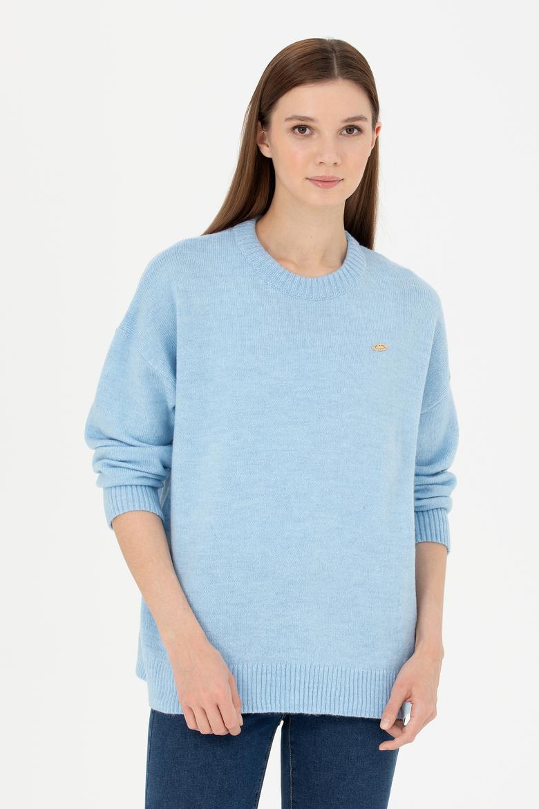 Kadın Mavi Bisiklet Yaka Kazak