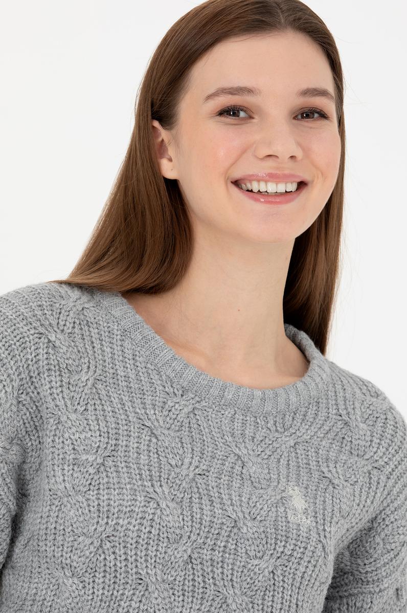 Kadın Gri Melanj Bisiklet Yaka  Kazak