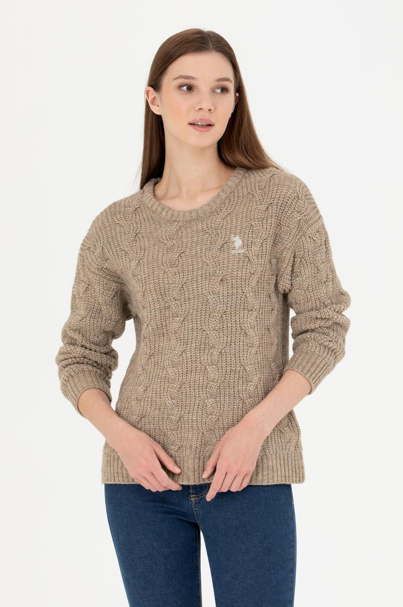 Kadın Kum Melanj Bisiklet Yaka  Kazak