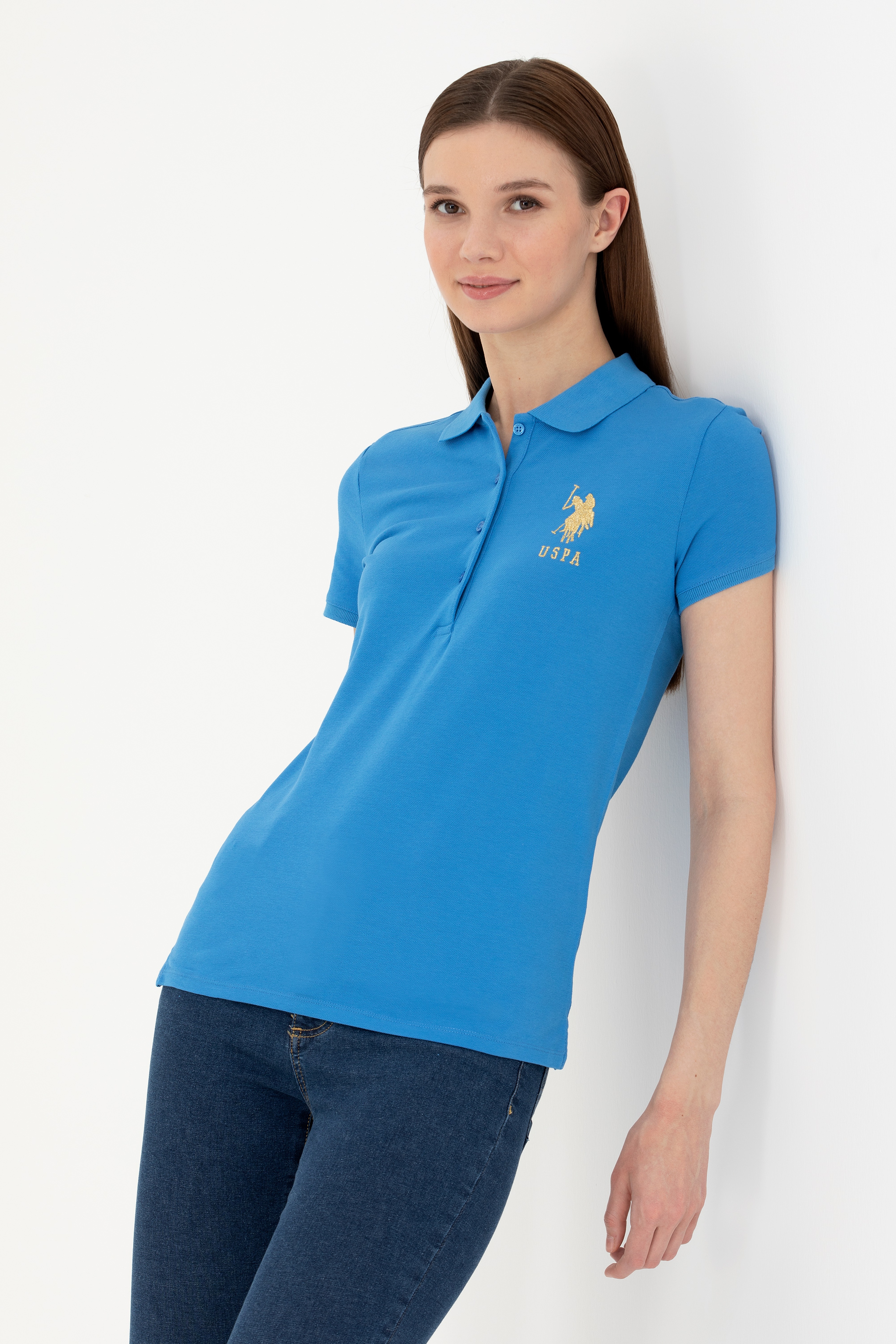 Kadın Saks Basic Polo Yaka Tişört - Image 1
