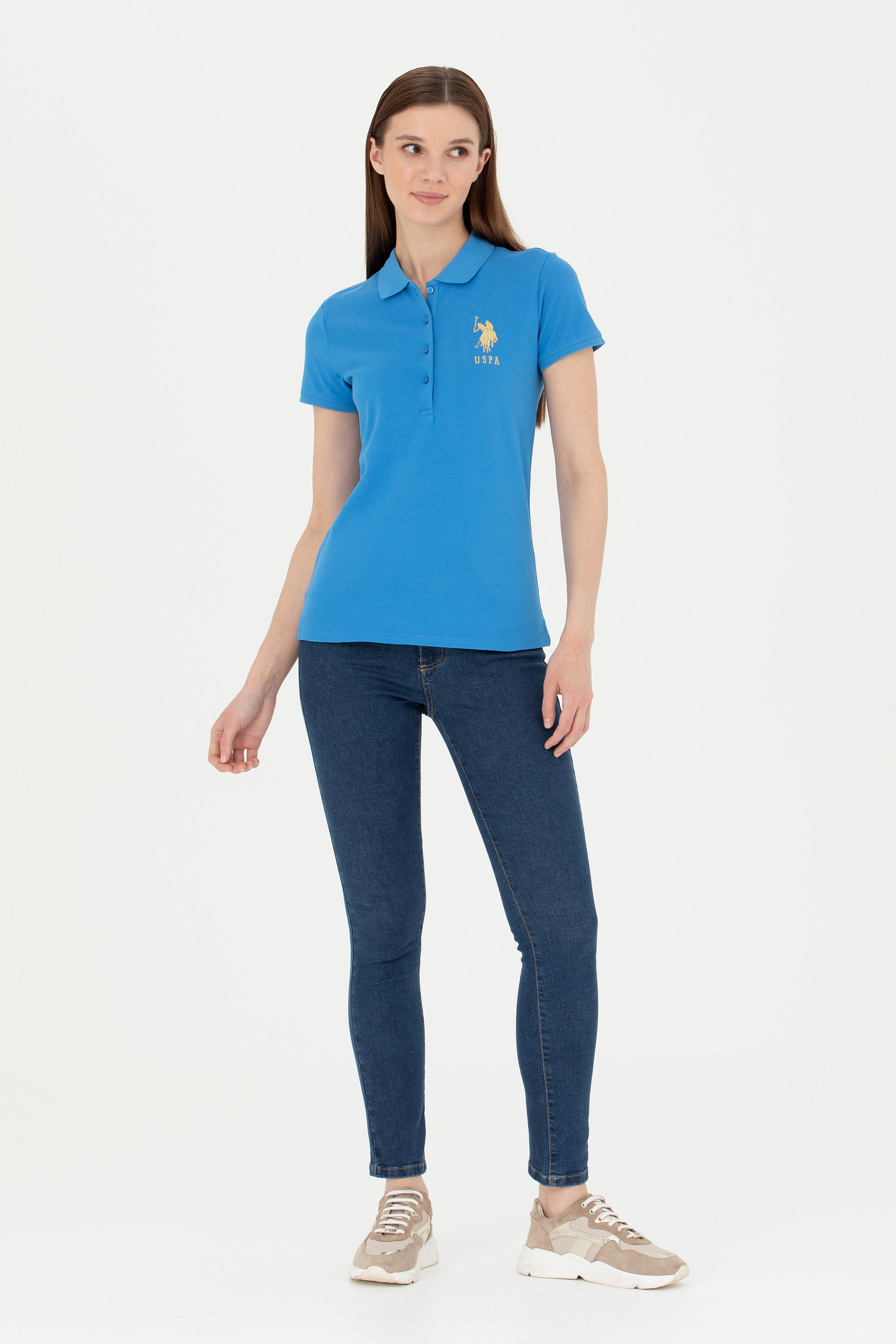 Kadın Saks Basic Polo Yaka Tişört - Image 4