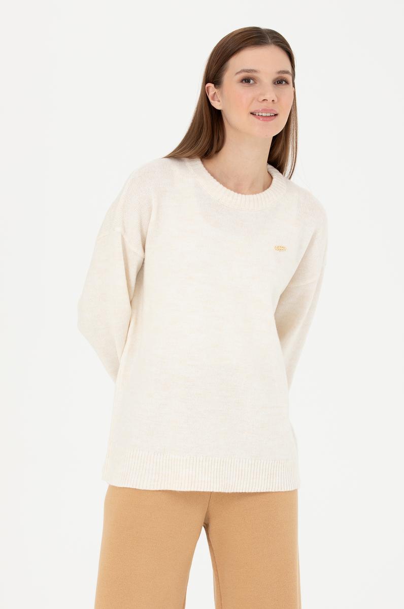 Kadın Ekru Bisiklet Yaka Kazak