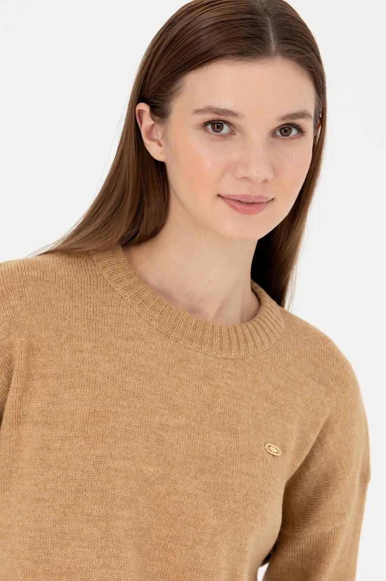 Kadın Kum Melanj Bisiklet Yaka Kazak