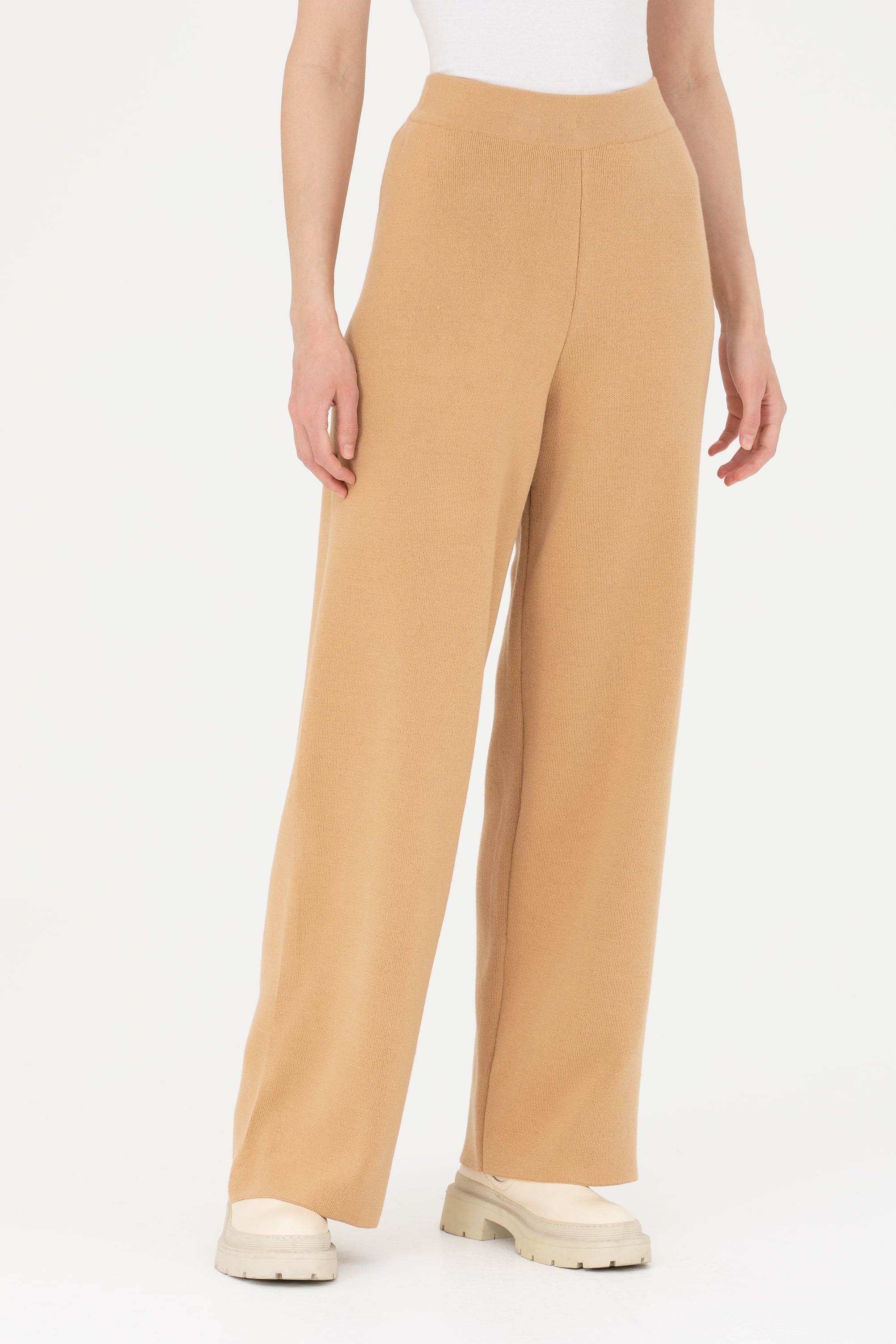 Kadın Kum Melanj Loose Fit Triko Pantolon
