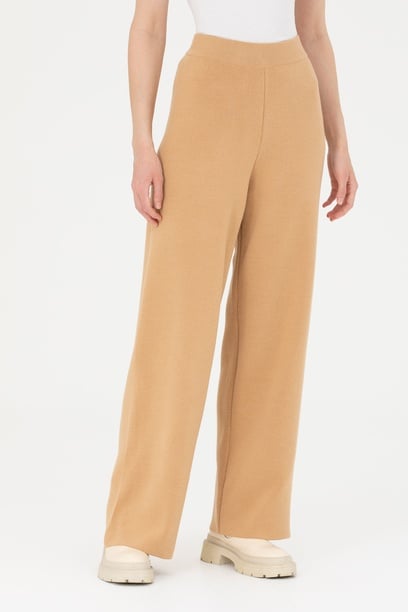 Kadın Kum Melanj Loose Fit Triko Pantolon