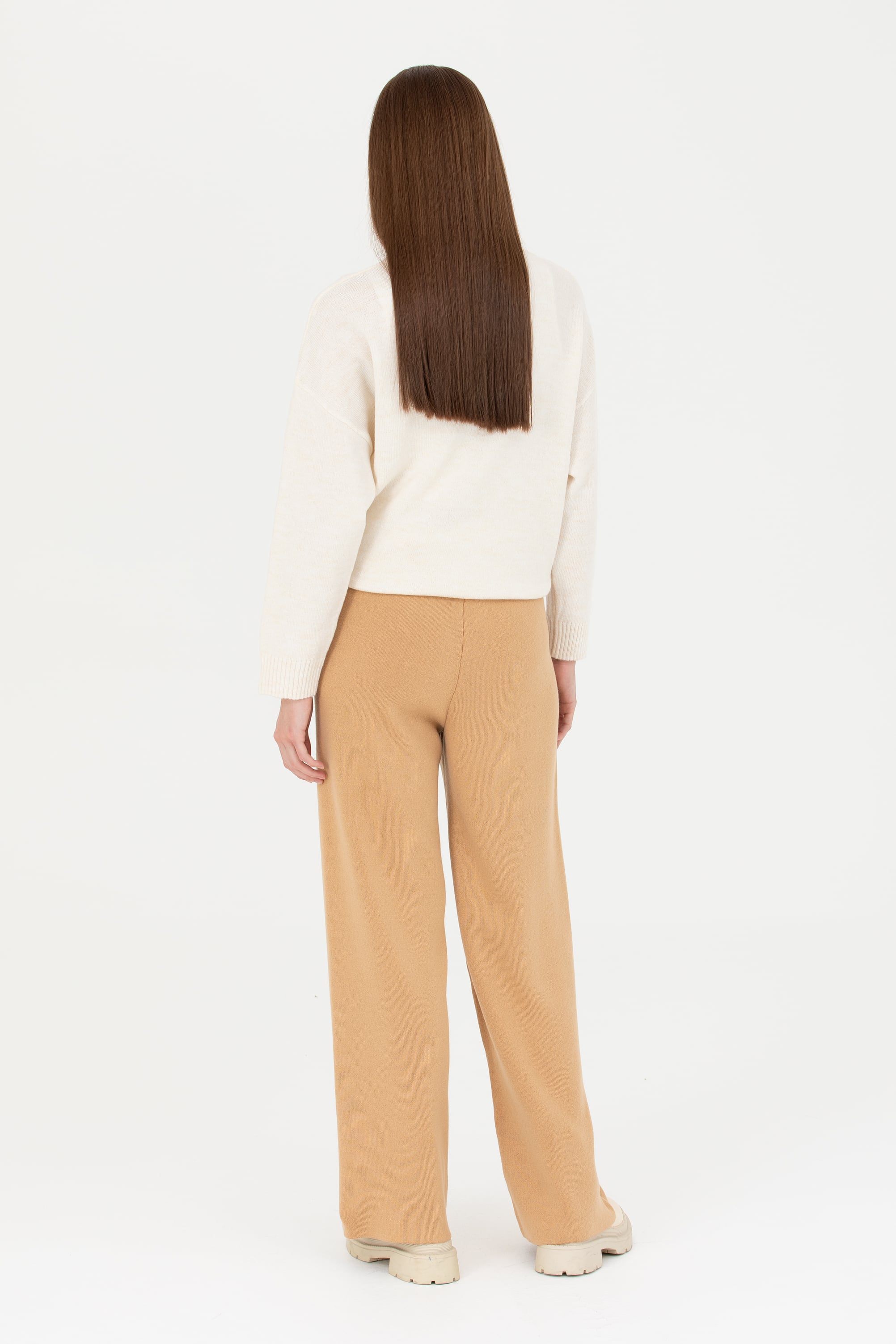 Kadın Kum Melanj Loose Fit Triko Pantolon - Image 4