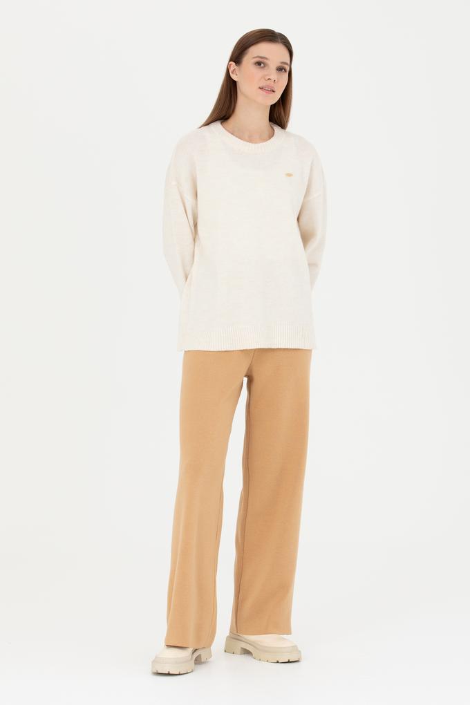 Kadın Kum Melanj Loose Fit Triko Pantolon