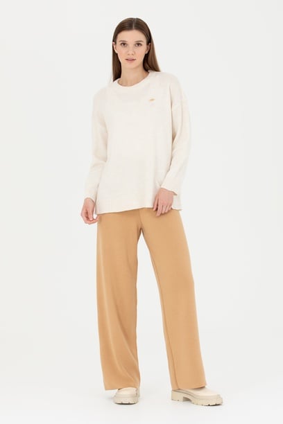 Kadın Kum Melanj Loose Fit Triko Pantolon
