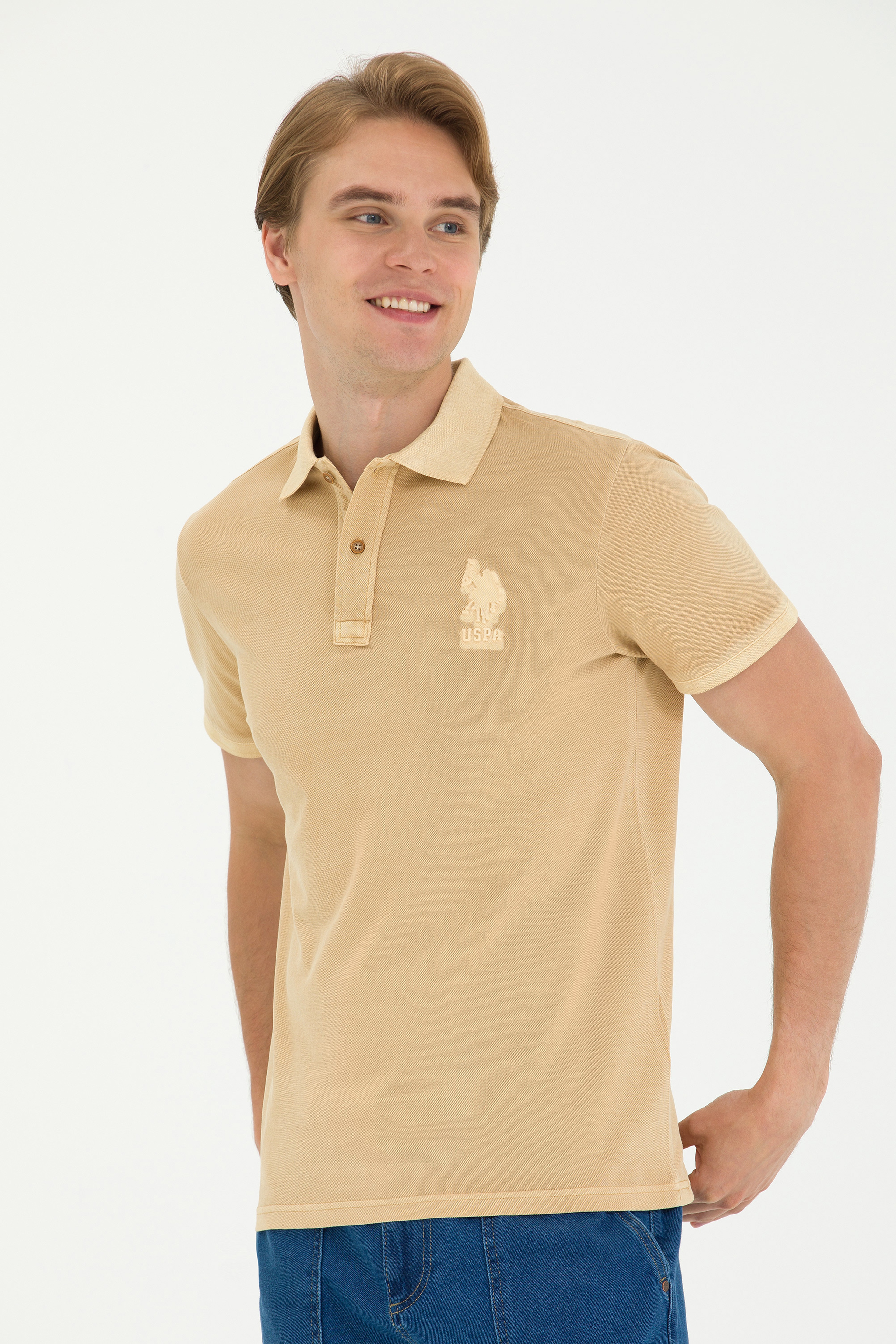 Erkek Slim Fit Polo Yaka Camel Basic Tişört