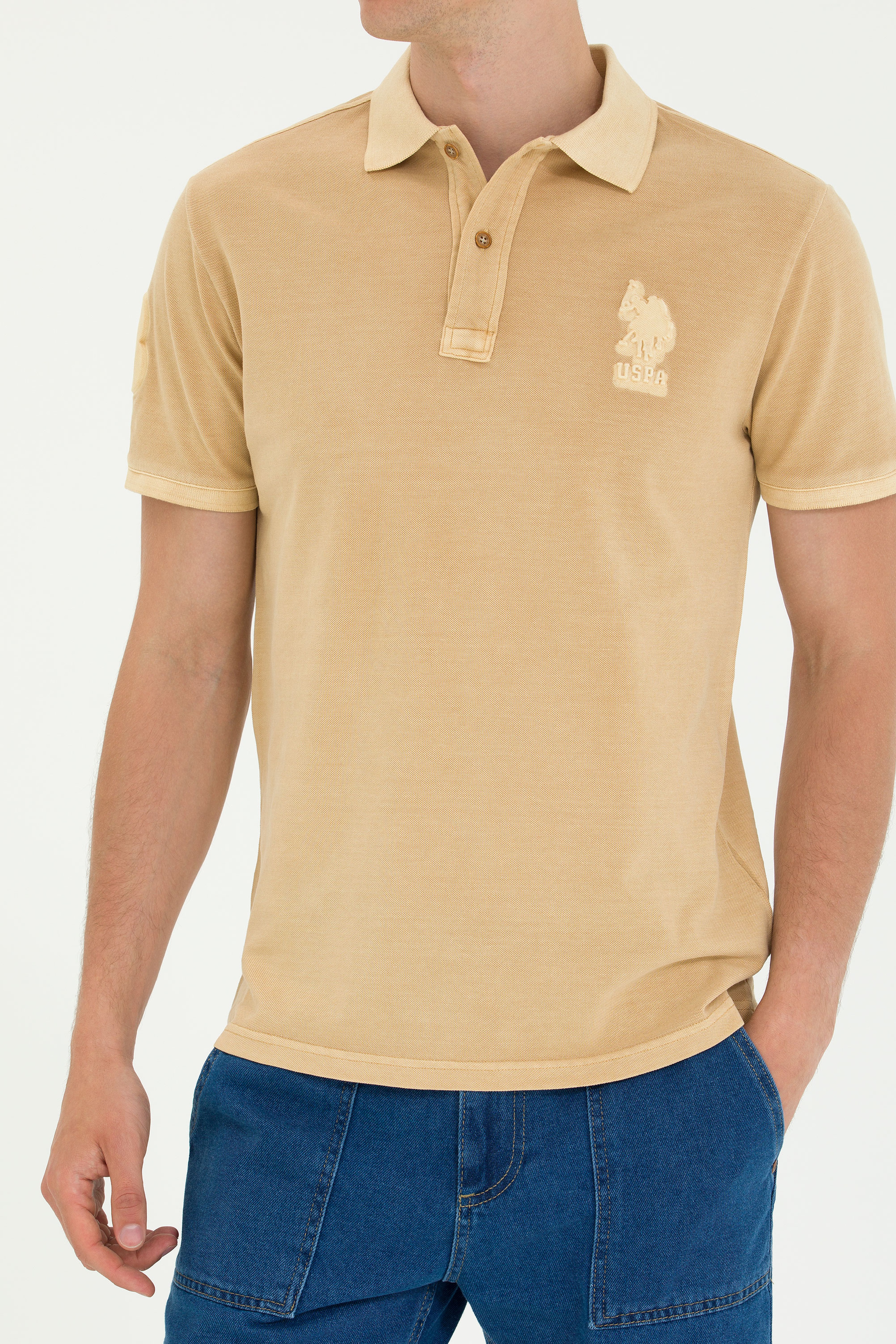 Erkek Slim Fit Polo Yaka Camel Basic Tişört - Image 6