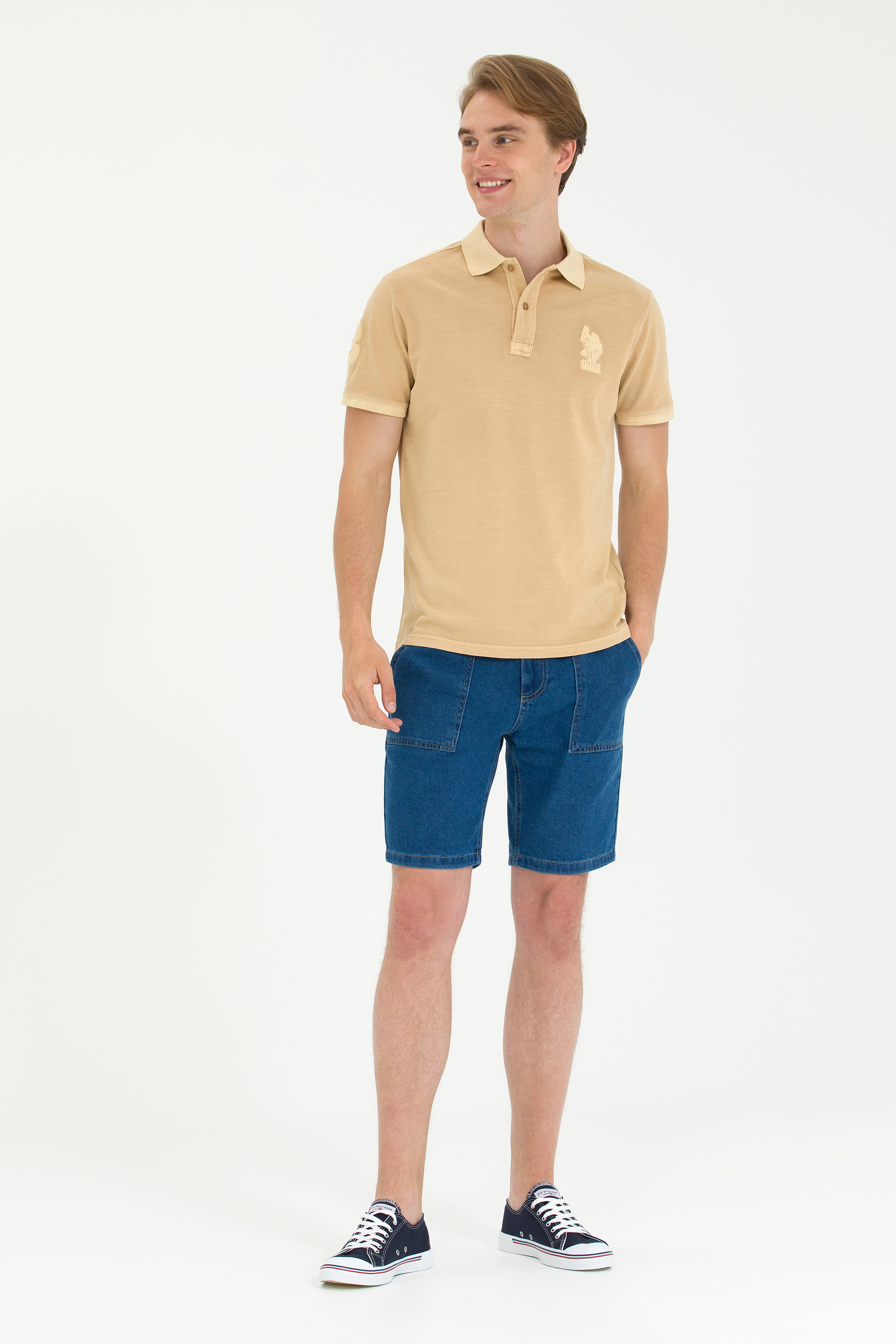 Erkek Slim Fit Polo Yaka Camel Basic Tişört