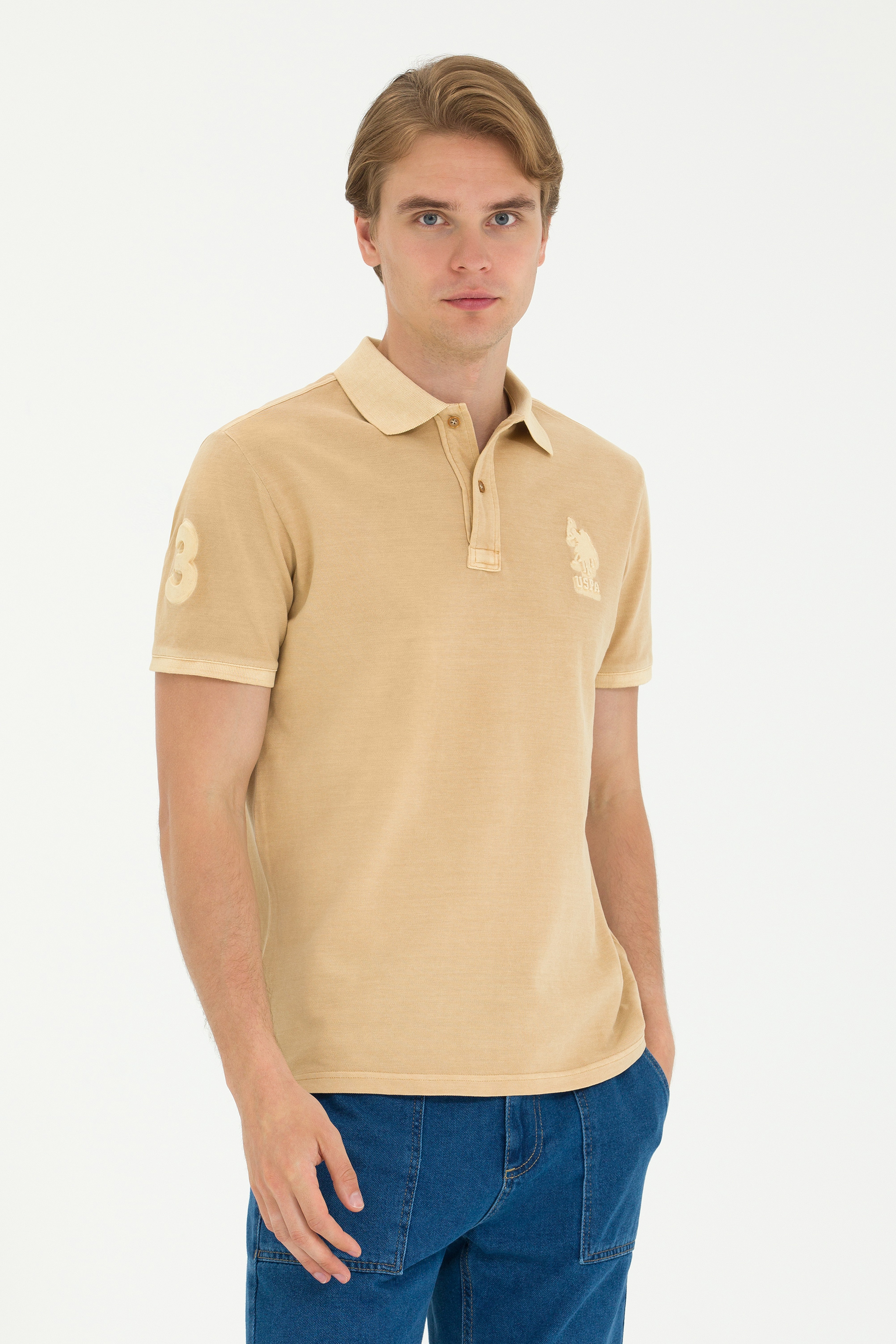 Erkek Slim Fit Polo Yaka Camel Basic Tişört - Image 3