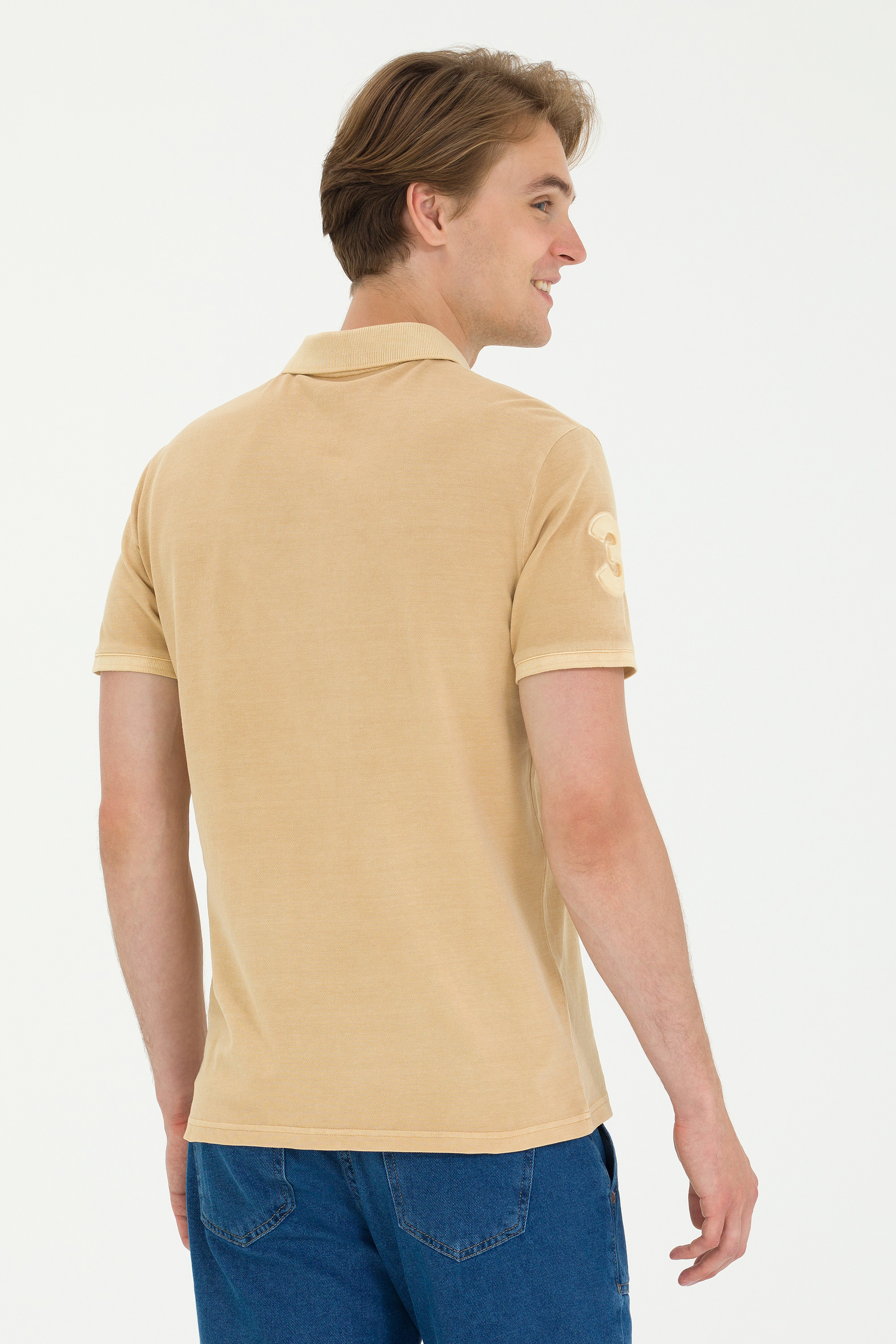 Erkek Slim Fit Polo Yaka Camel Basic Tişört