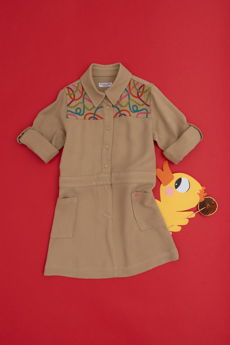 Kız Çocuk Camel Cep Detaylı İşlemeli Dokuma Elbise
