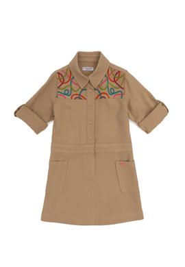 Kız Çocuk Camel Cep Detaylı İşlemeli Dokuma Elbise - 50271202013