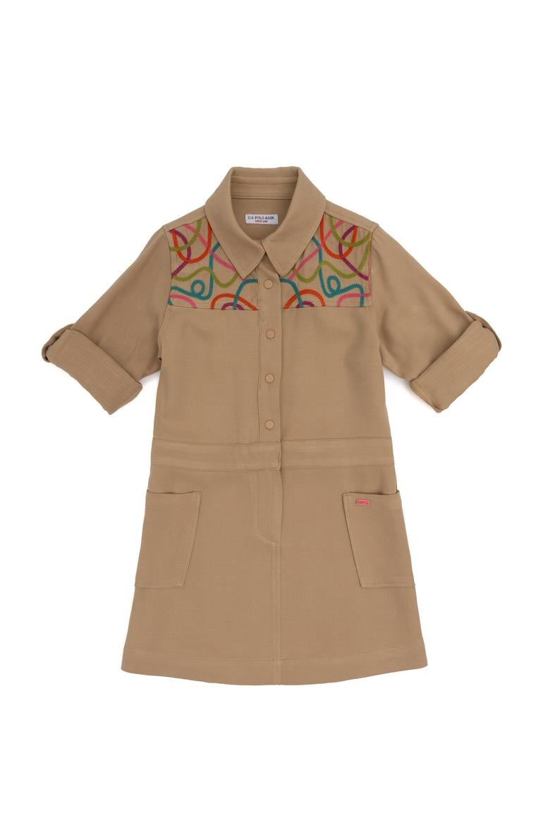 Kız Çocuk Camel Cep Detaylı İşlemeli Dokuma Elbise - 50271202013