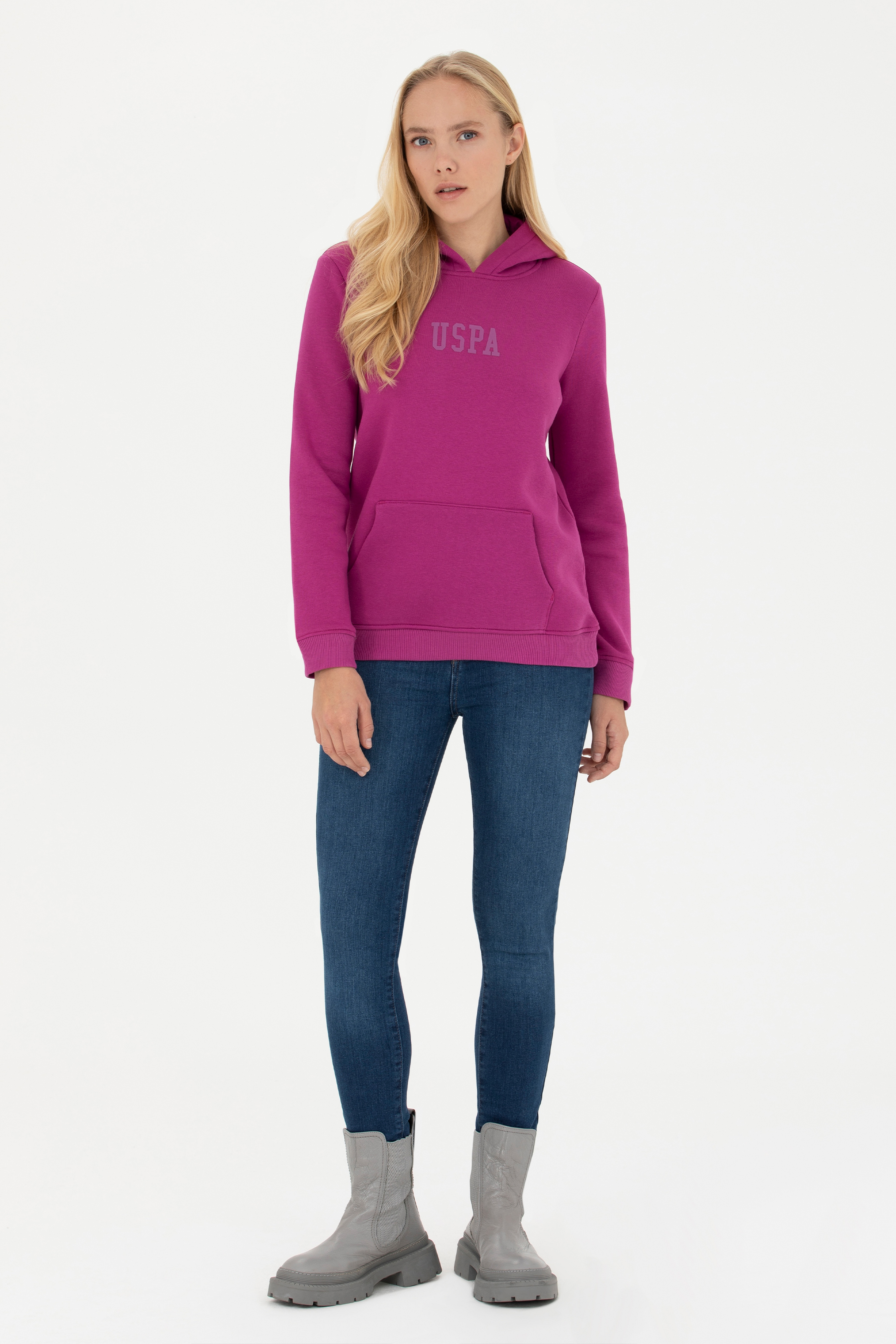 Kadın Menekşe Basic Kapüşonlu Sweatshirt - Image 4