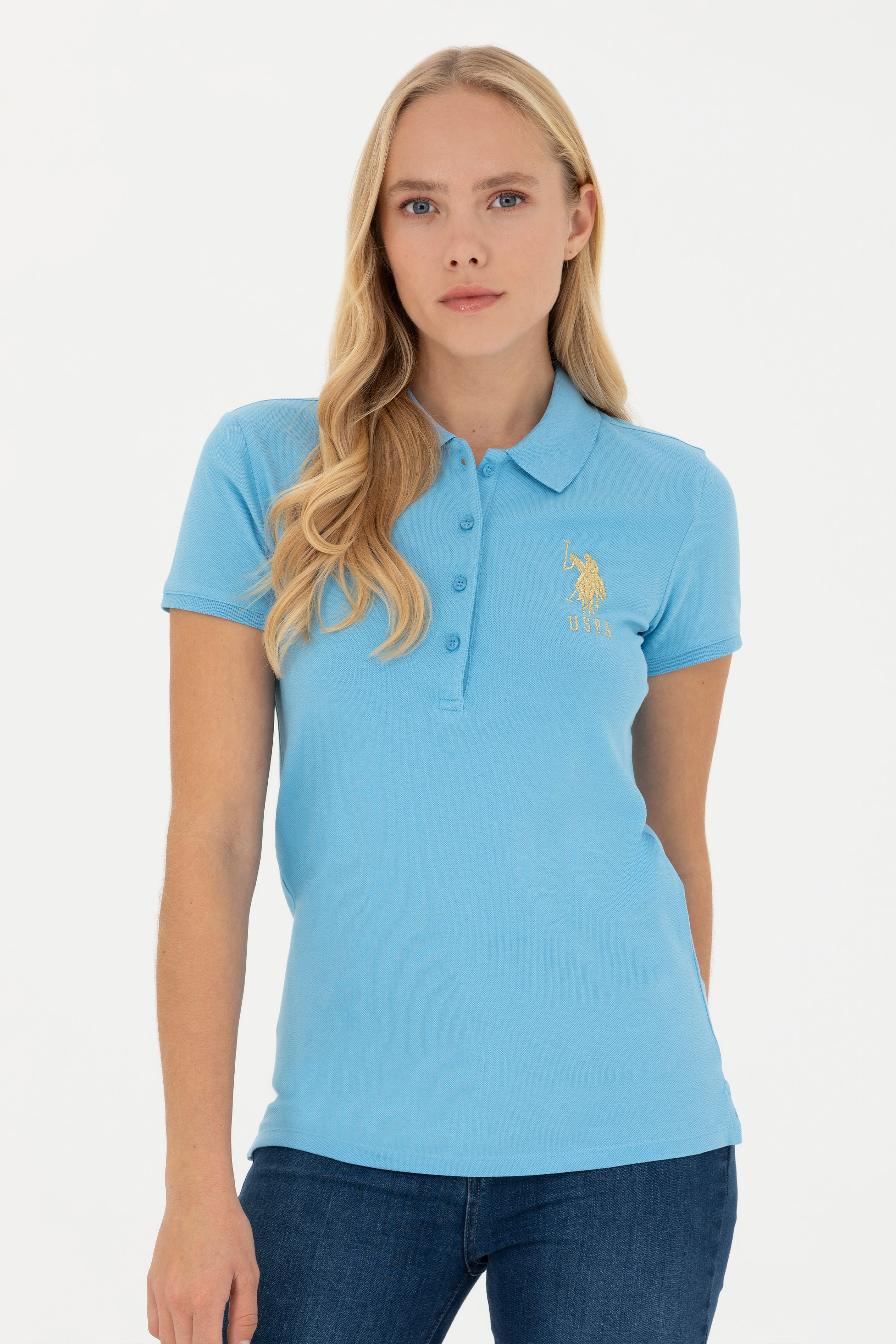 Kadın Turkuaz Basic Polo Yaka Tişört - Image 3