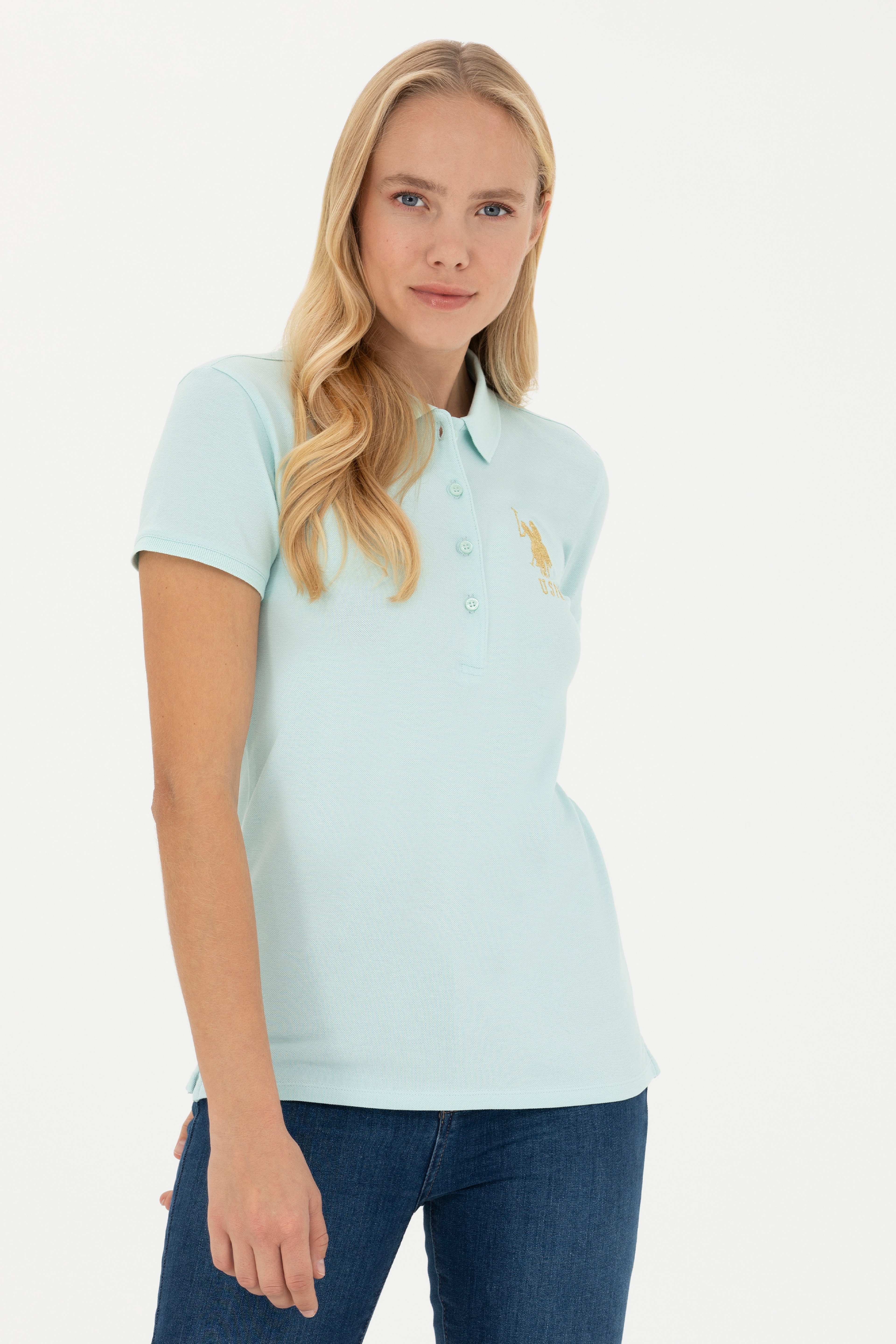 Kadın Su Yeşili Basic Polo Yaka Tişört - Image 3
