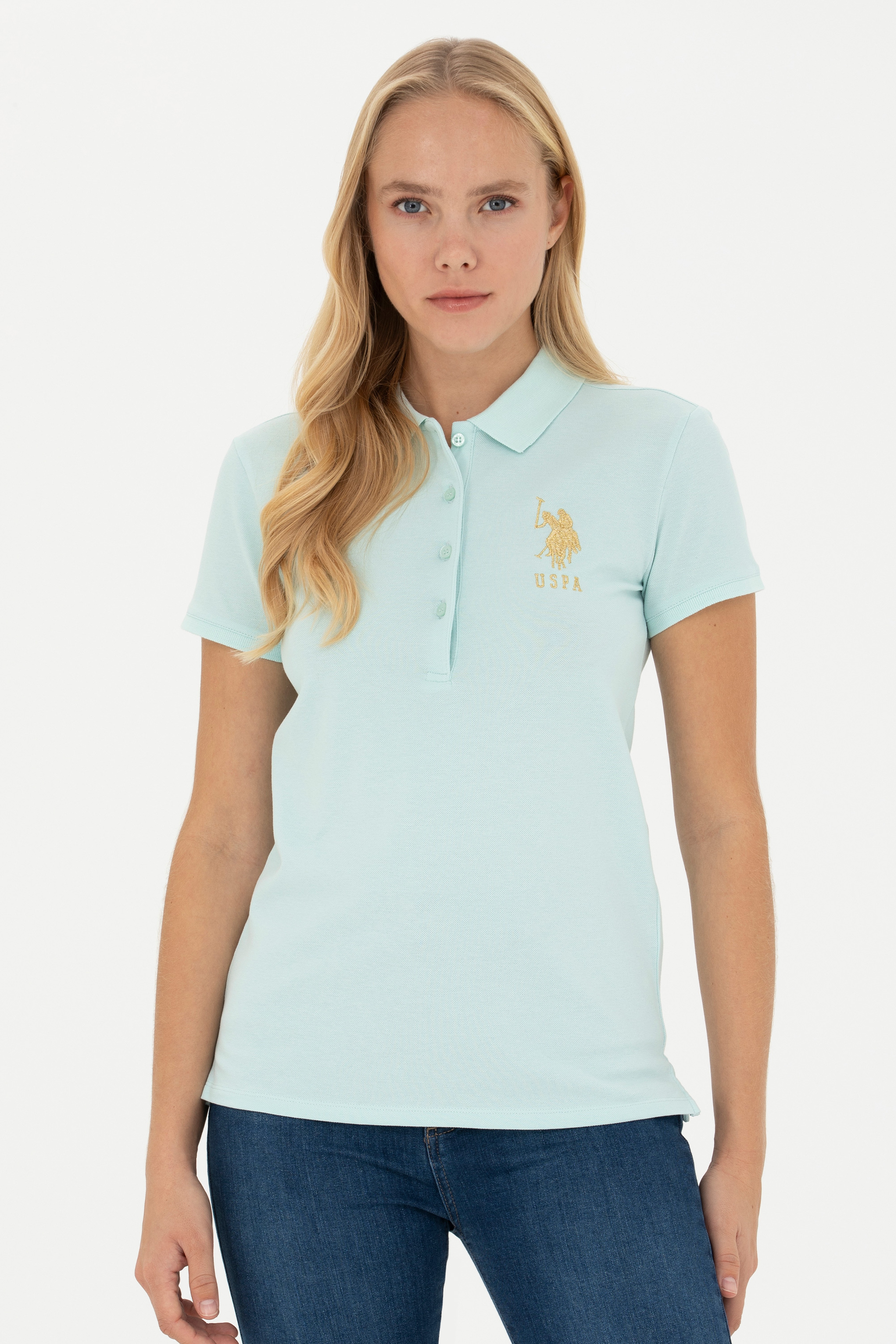 Kadın Su Yeşili Basic Polo Yaka Tişört - Image 1