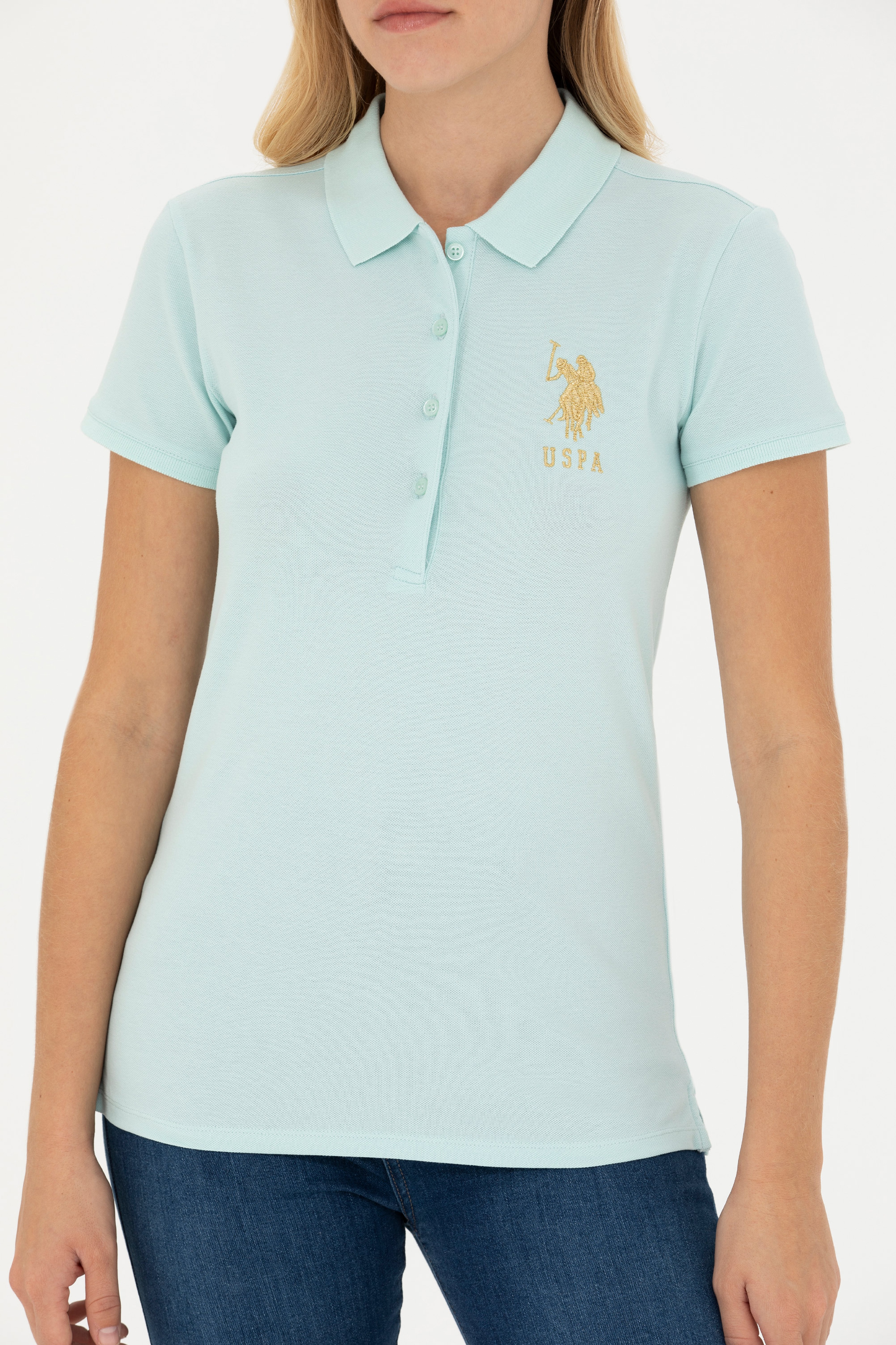 Kadın Su Yeşili Basic Polo Yaka Tişört - Image 6