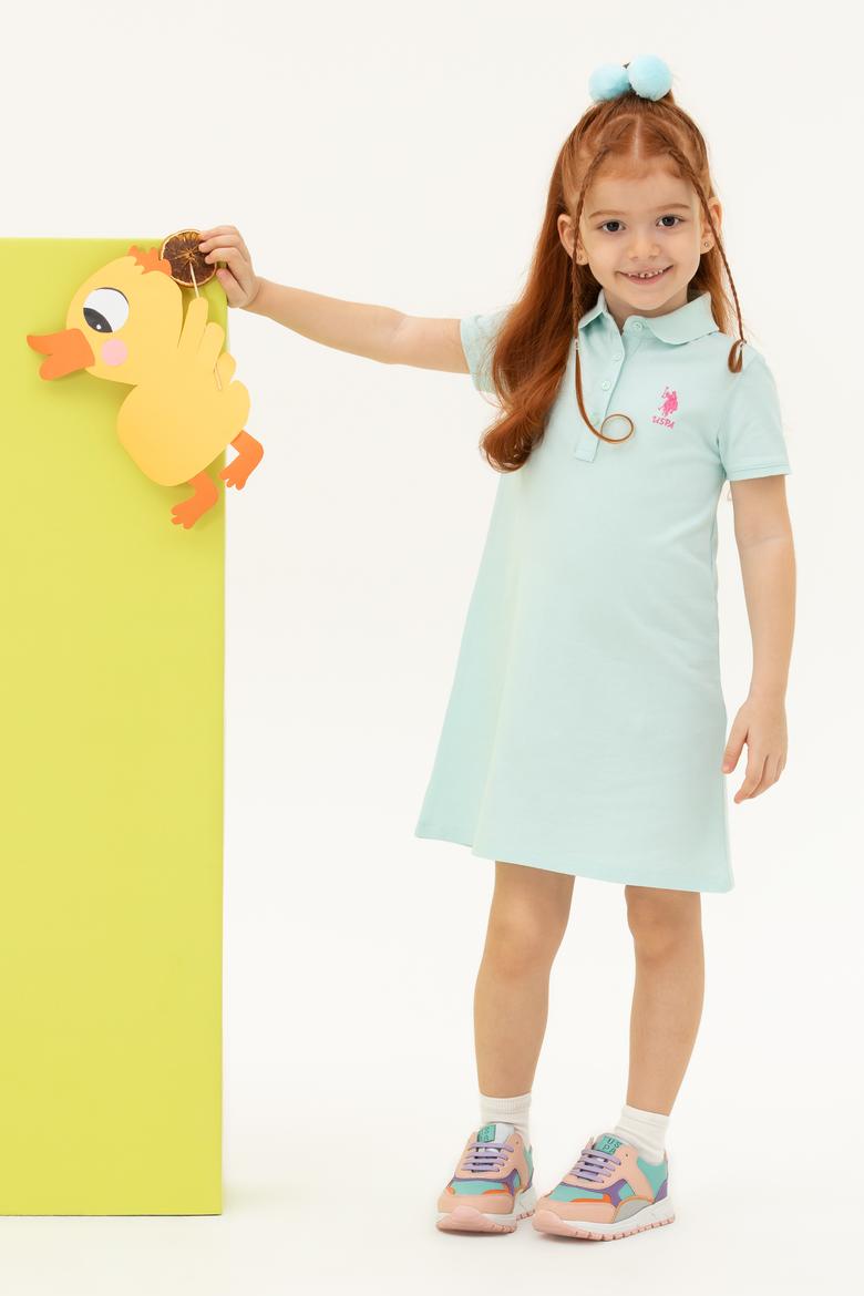 Kız Çocuk Su Yeşili Kısa Kol Örme Elbise