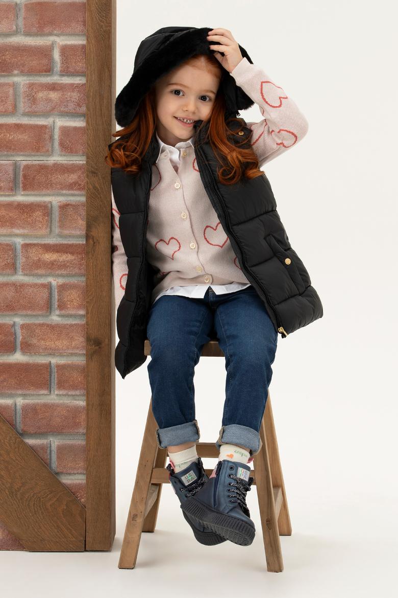 Kız Çocuk Siyah Kapüşonlu Yelek - 50271549014