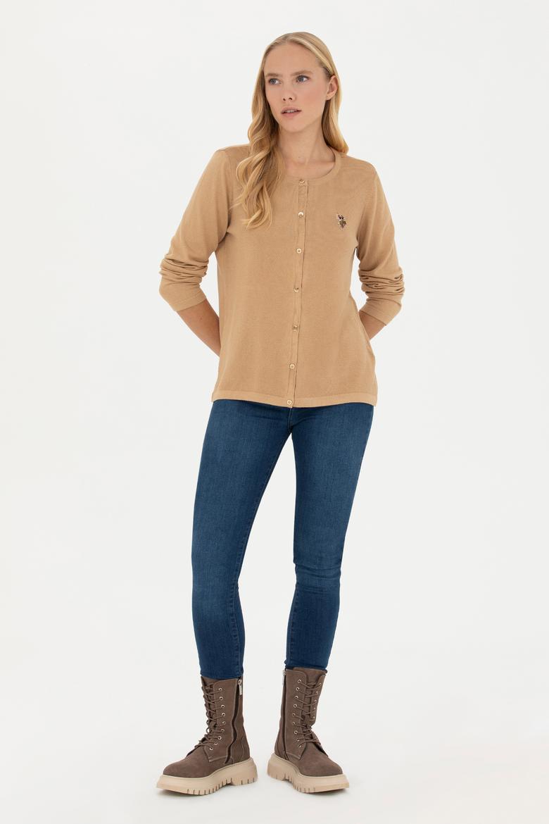 Kadın Kum Melanj Basic Triko Hırka - 50269008058