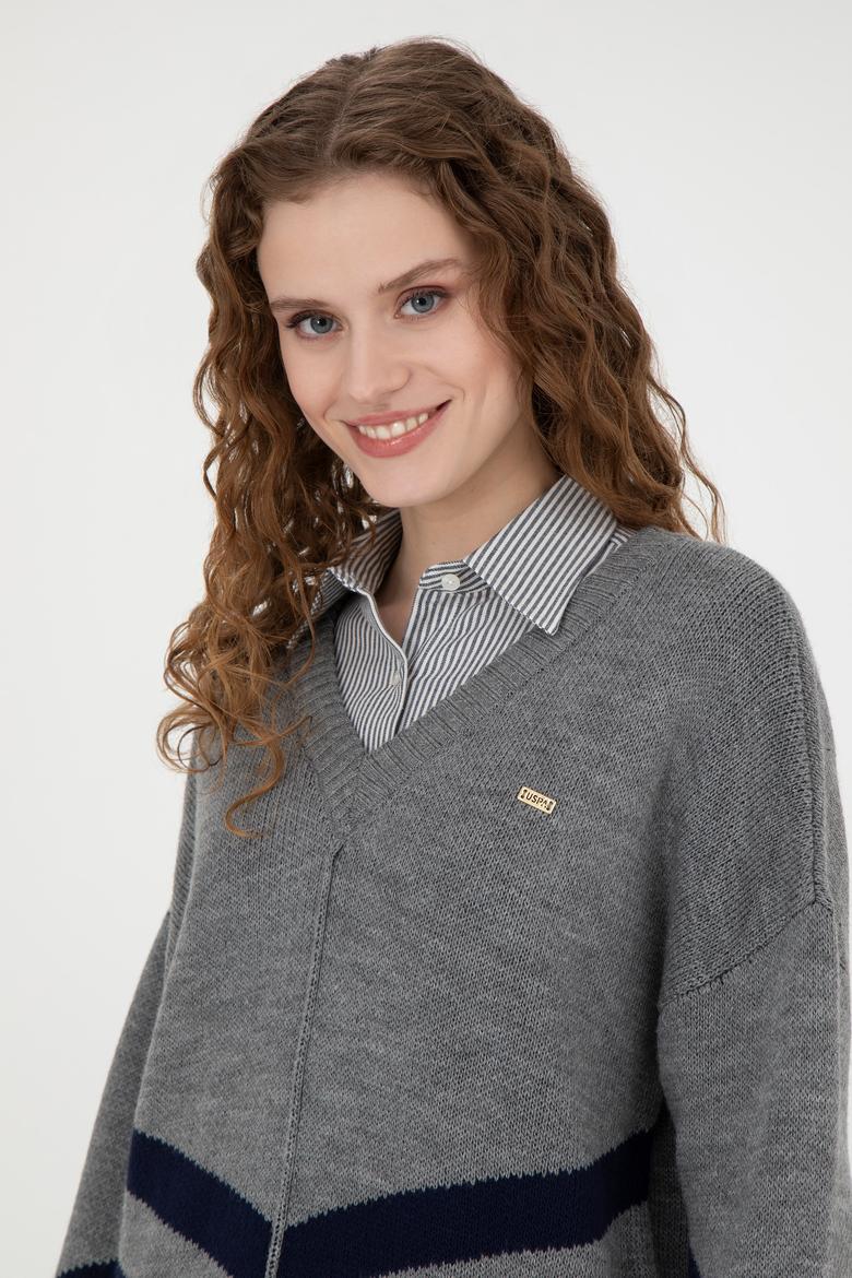 Kadın Gri Melanj V Yaka Triko Kazak - 50272041007