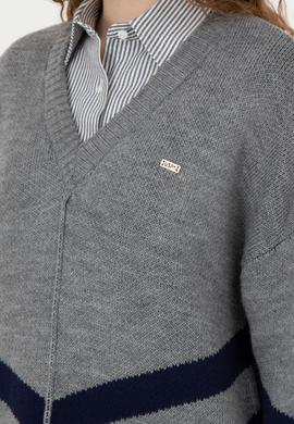 Kadın Gri Melanj V Yaka Triko Kazak - 50272041007