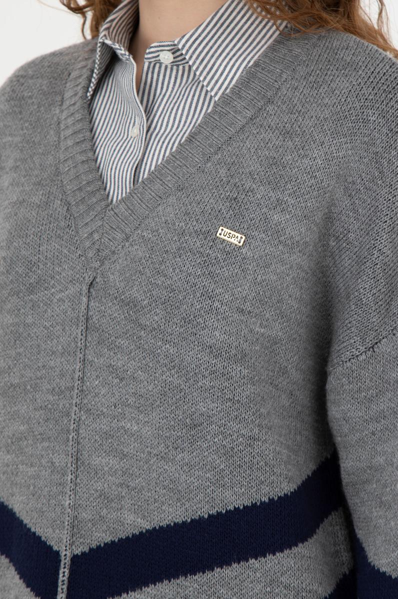 Kadın Gri Melanj V Yaka Triko Kazak