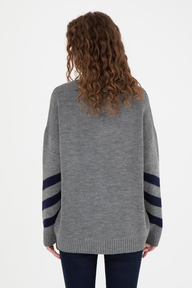 Kadın Gri Melanj V Yaka Triko Kazak - 50272041007