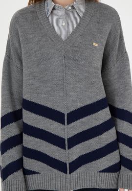 Kadın Gri Melanj V Yaka Triko Kazak - 50272041007