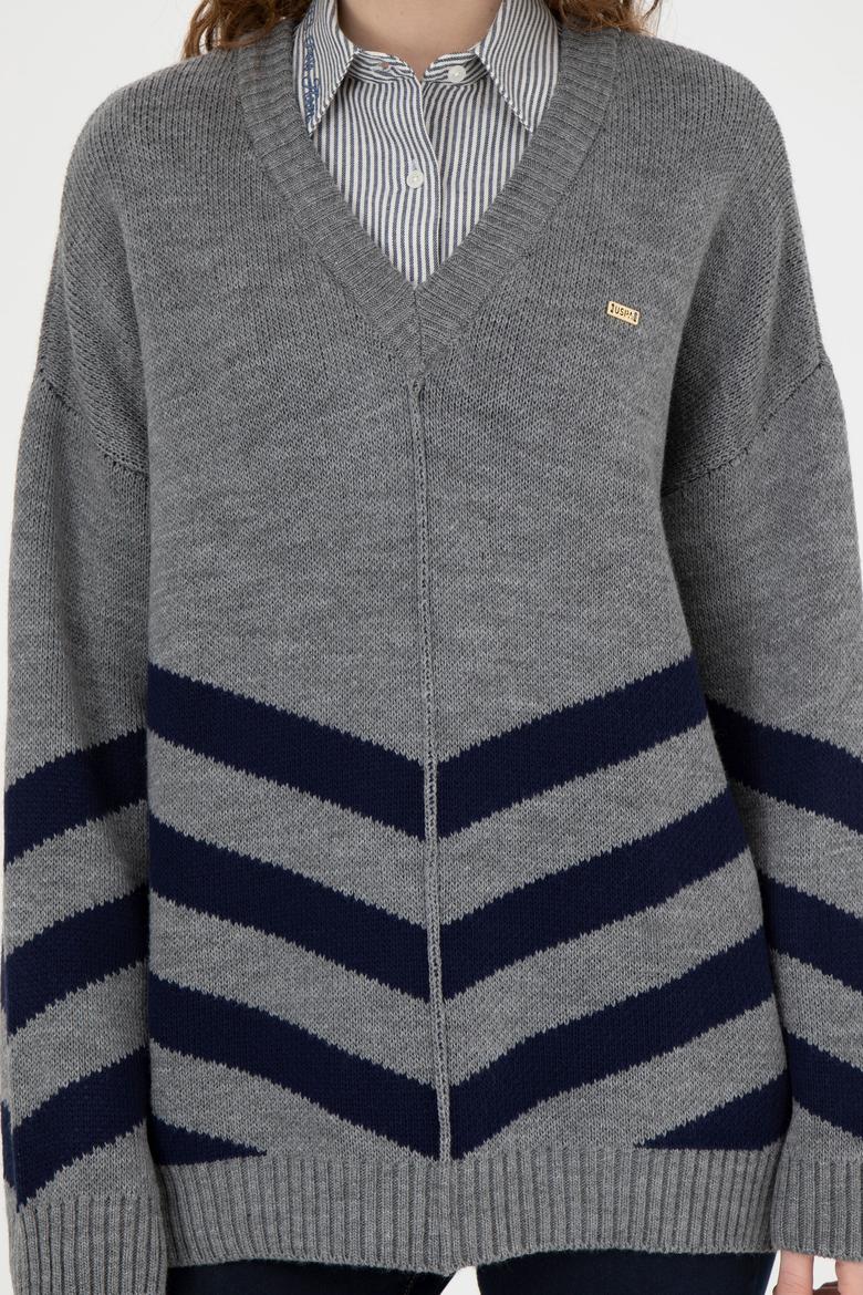 Kadın Gri Melanj V Yaka Triko Kazak - 50272041007