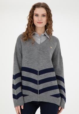 Kadın Gri Melanj V Yaka Triko Kazak - 50272041007