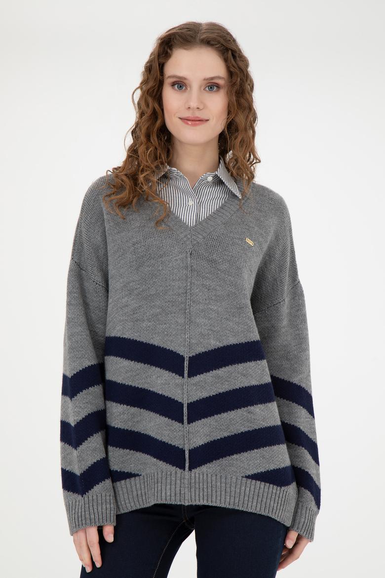 Kadın Gri Melanj V Yaka Triko Kazak - 50272041007