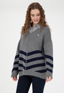 Kadın Gri Melanj V Yaka Triko Kazak - 50272041007