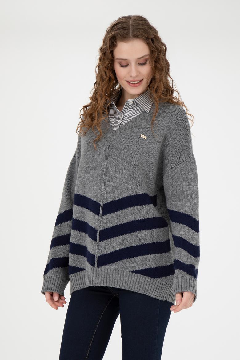 Kadın Gri Melanj V Yaka Triko Kazak