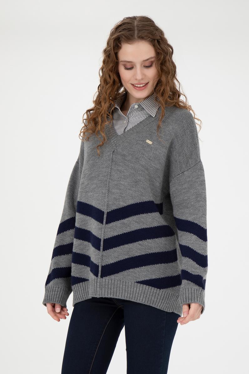 Kadın Gri Melanj V Yaka Triko Kazak