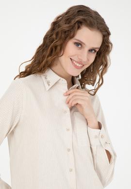 Kadın Bej Uzun Kollu Çizgili Gömlek - 50272449010