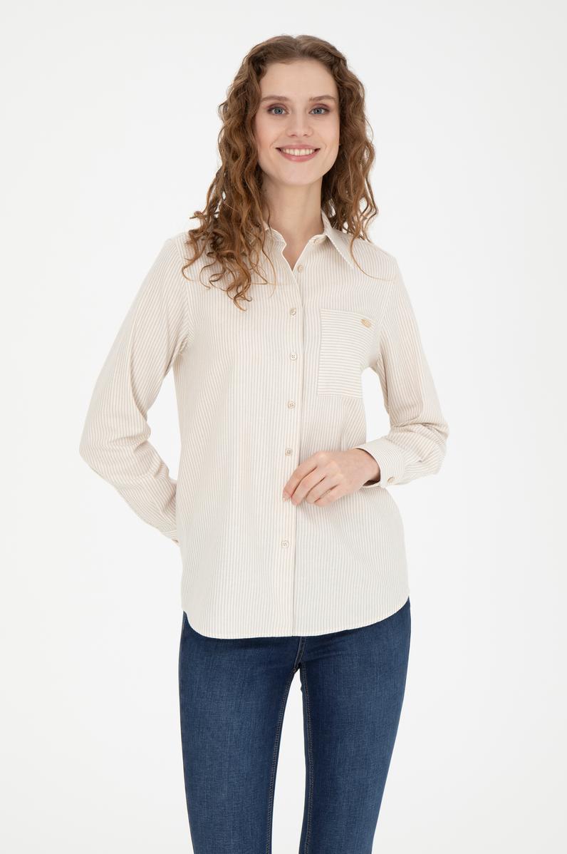 Kadın Bej Uzun Kollu Çizgili Gömlek