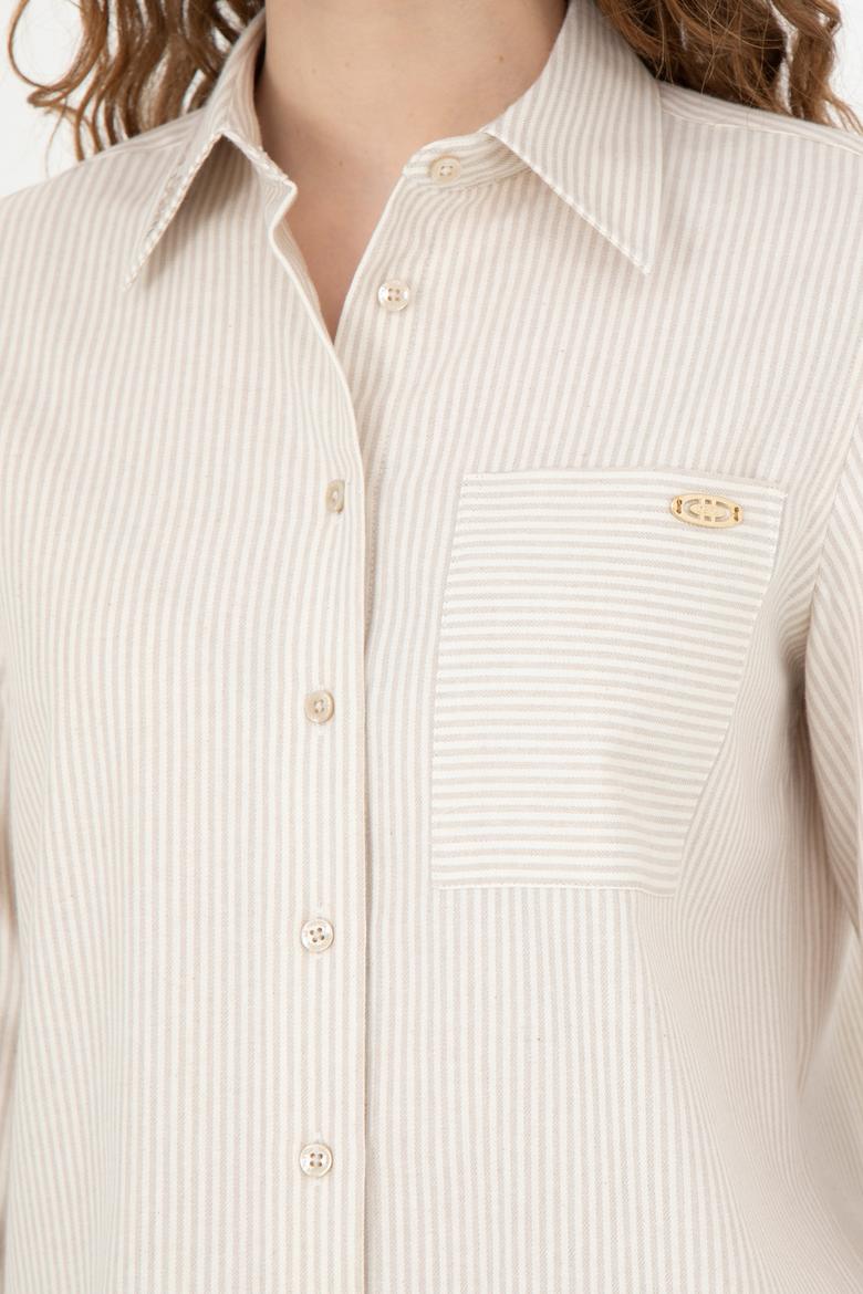 Kadın Bej Uzun Kollu Çizgili Gömlek - 50272449010