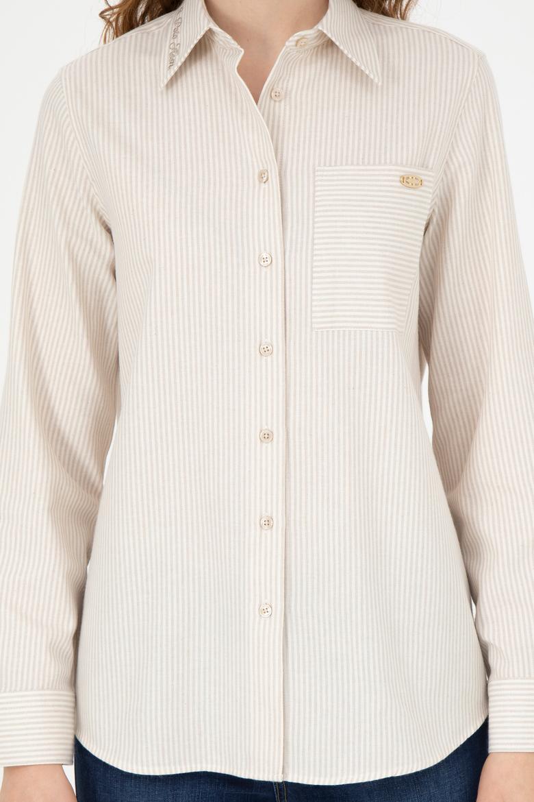 Kadın Bej Uzun Kollu Çizgili Gömlek - 50272449010