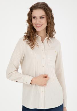 Kadın Bej Uzun Kollu Çizgili Gömlek - 50272449010