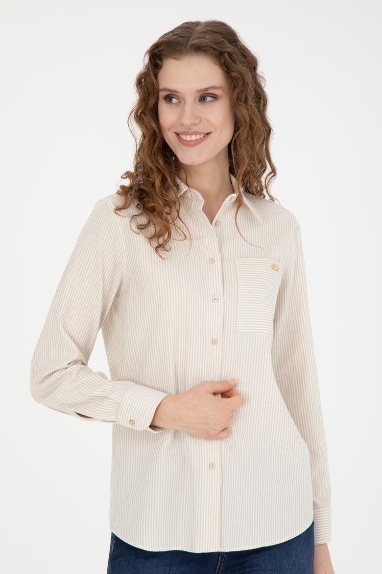 Kadın Bej Uzun Kollu Çizgili Gömlek - 50272449010
