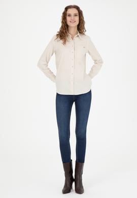 Kadın Bej Uzun Kollu Çizgili Gömlek - 50272449010