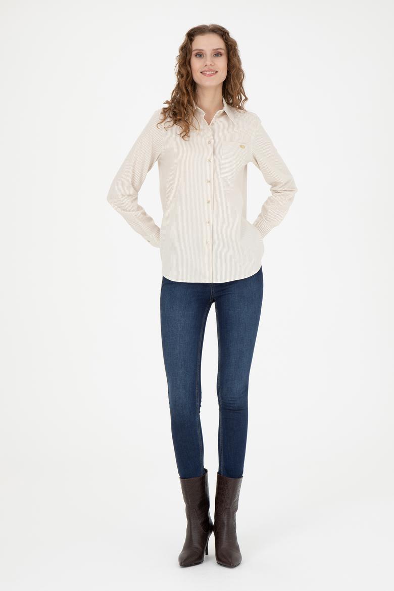 Kadın Bej Uzun Kollu Çizgili Gömlek - 50272449010