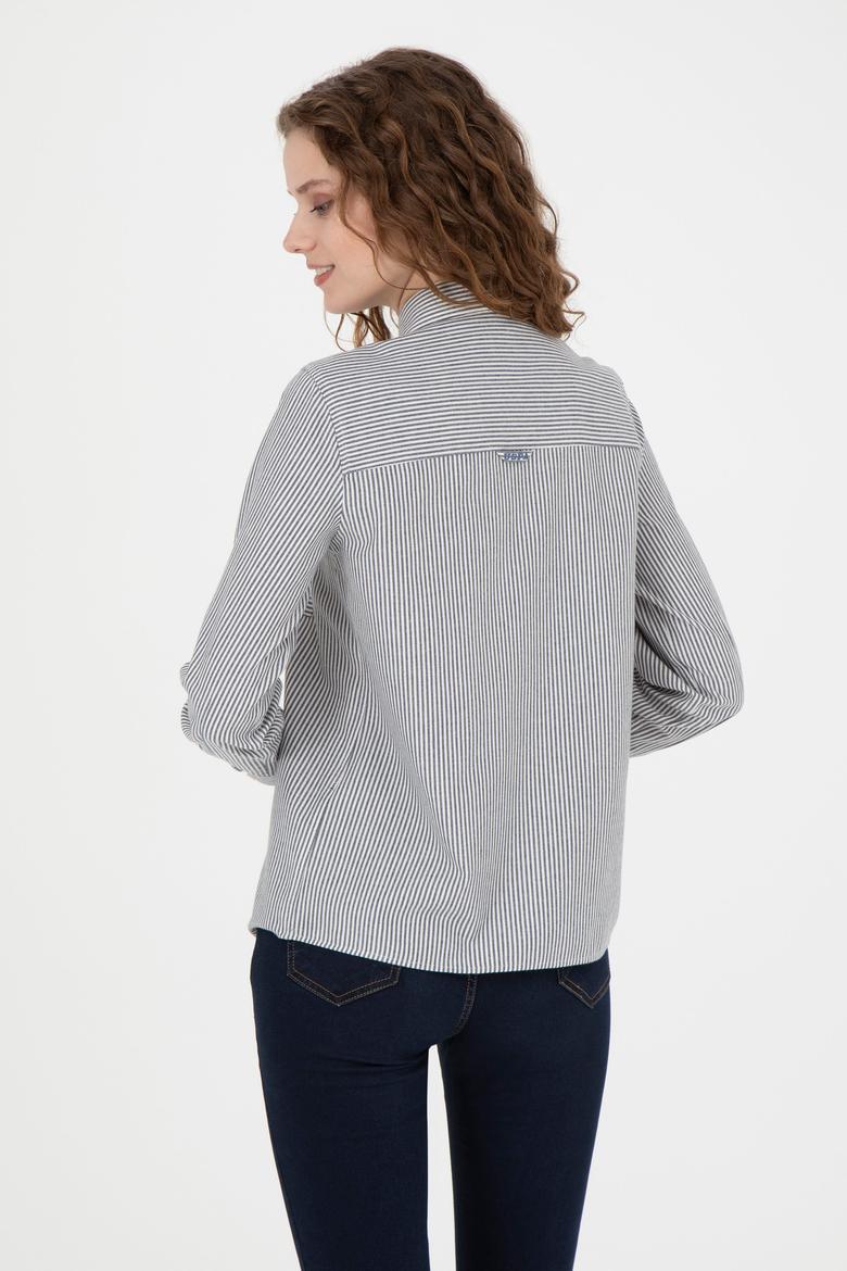 Kadın Lacivert Uzun Kollu Çizgili Gömlek - 50272449003